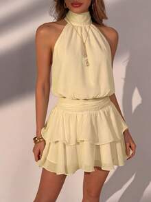 Elegant & Fashionable Yellow Spaghetti Strap Backless Layered Ruffle Hem Mini Dress - Ideal For Beach Vacation, Summer Holiday, Graduation Ceremony, Festivals, Casual Outings Party - Yellow - View 3