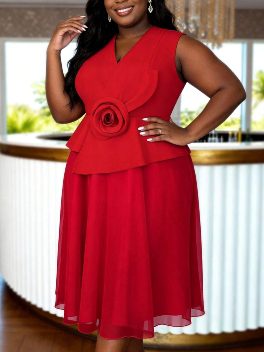 AOMEI Plus Size Women's Elegant Noble Red V-Neck Sleeveless Irregular Ruffle 3D Floral Blazer Style Dress, Suitable For Wedding, Birthday Party, Formal Dinner, Church