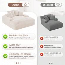 028DR-Sillón chaise longue de gran tamaño, sofá cama tapizado con 4 cojines decorativos y reposabrazos, sillón cama de felpa de tela de pana para sala de estar, apartamento y espacios pequeños, beige - Negro + Pana + Espuma - Ver 4