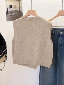 1pc Solid Color Short Round Neck Asymmetrical Button Accessory Design Fashion Sleeveless Sweater Vest, Versatile Knit Waistcoat Summer - Khaki - View 3