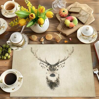 Bộ 1/4/6/8 tấm lót bàn ăn bằng vải lanh họa tiết hươu trừu tượng, phù hợp cho bàn ăn, trang trí quanh năm, thảm trải bàn hiện đại có thể giặt được, trang trí phòng, đế lót ly, thảm ăn nhà bếp, trang trí tiệc trong nhà và ngoài trời, trang trí nhà cửa, quà tặng lý tưởng.