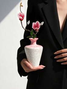 1pc Creative Exquisite Pink Crackle Glaze Small Flower Vase, Ceramic Vase Flower Holder With Design Sense, Tea Table Decor, Home/Office Dried Flower Holder, Unique Desktop Ornament, Home Decor Flower Arrangement - Multicolor - View 1