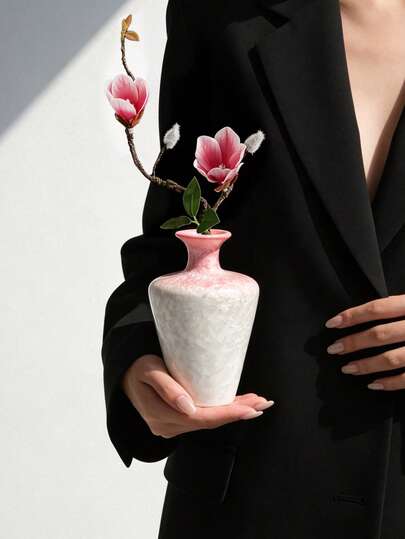 1个创意精致粉色裂纹釉小花瓶，陶瓷花瓶，设计感十足，茶几装饰，家居/办公室干花容器，独特桌面摆件，家居装饰插花
