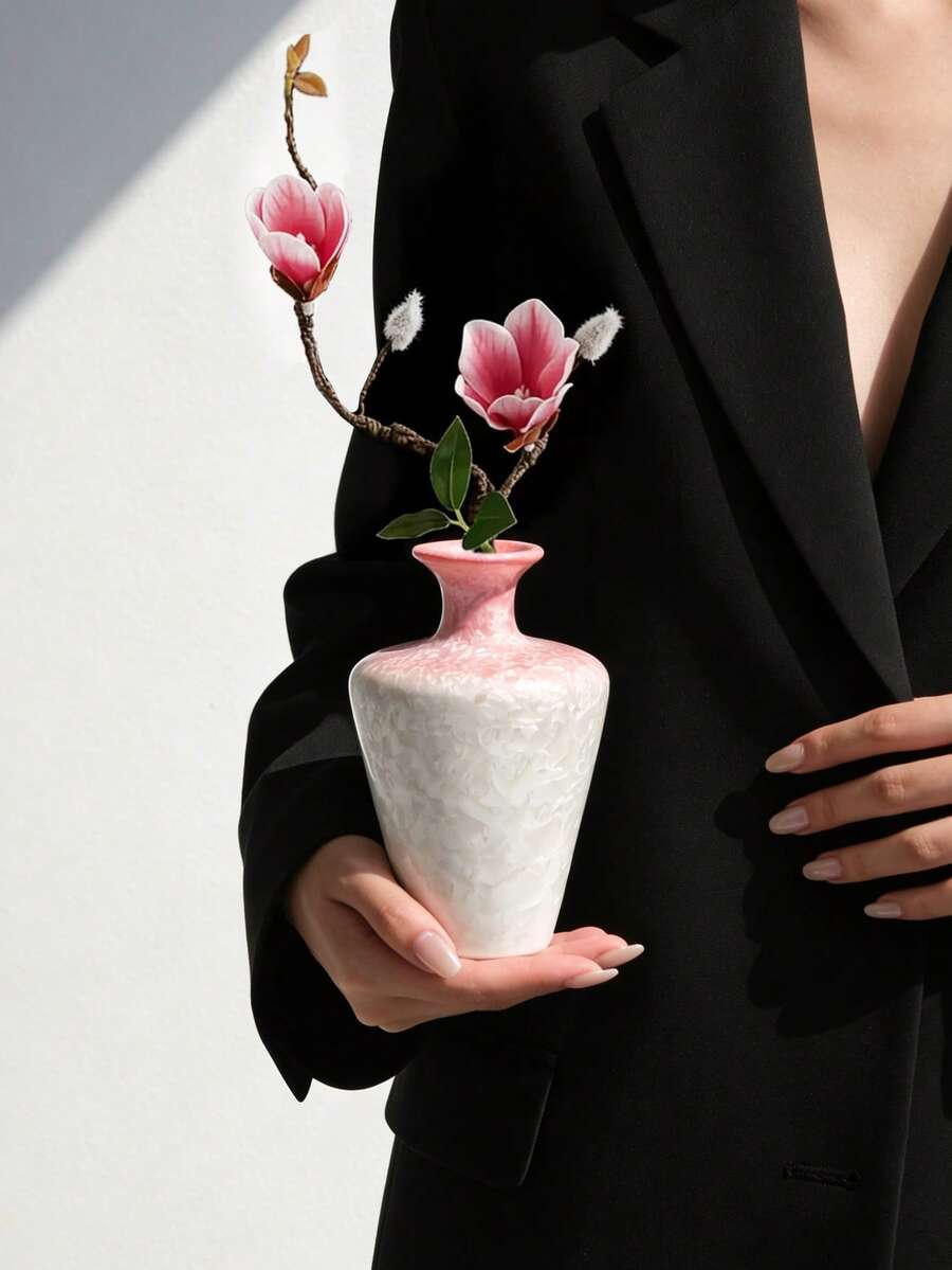 1pc Creative Exquisite Pink Crackle Glaze Small Flower Vase, Ceramic Vase Flower Holder With Design Sense, Tea Table Decor, Home/Office Dried Flower Holder, Unique Desktop Ornament, Home Decor Flower Arrangement - Multicolor - View 1