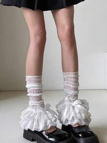 蕾丝蝴蝶结荷叶边女士腿套，透气轻薄，适合春夏穿着，洛丽塔风格花卉饰边，柔软亲肤，搭配玛丽珍鞋，是甜美日常穿搭的必备单品 - 彩色 - 查看 9