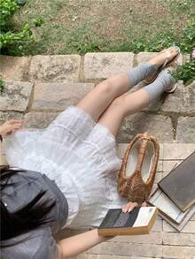 Chân váy mini dáng xòe chữ A bồng bềnh, viền ren trắng, kiểu ballet dành cho nữ, thích hợp cho mùa xuân/hè. - trắng - Xem 7