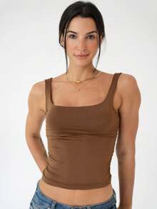 Square Neck Tank Top With Double Lining And Ruched Sides, Thick Suplex Strap Tank Top - Óxido marrón - Ver 2