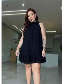 Sleeveless Short Chiffon Dress With High Neck, Ruffled Hem, And Lining - Elegant, Luxurious Party Dress - màu đen - Xem 2
