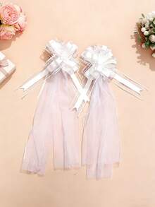 3pcs White Wedding Bow Decor Set - Features White Bow Decorations With Long, Flowing Chiffon Satin Ribbons; Perfect For Decorating Church Aisles, Chairs, And Wedding Cars. An Ideal Decoration Choice For Wedding Ceremonies, Bridal Showers, Birthday Celebrations, Themed Events, And Anniversaries. - One Size Fits All - View 6