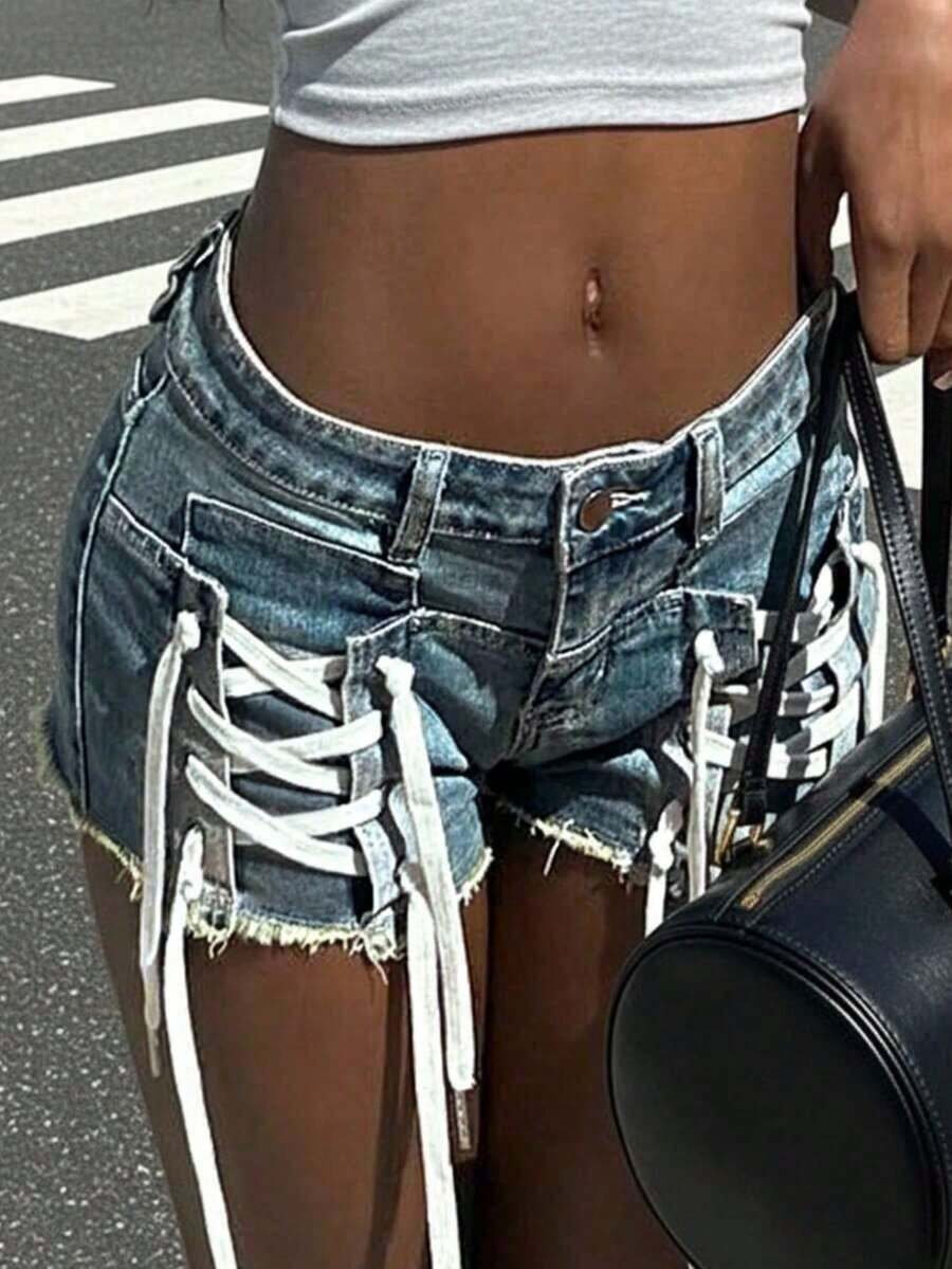 Y2K Streetwear Style Women's Distressed Retro Lace-Up Denim, Summer Elastic Jean Shorts Casual - Giặt vừa - Xem 1