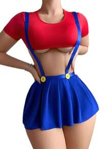 2 Piece 1 Set Stretchy Fabric  Themed Cosplay Lingerie Set Short Sleeve Crop Top Suspender High Waist Pleated Skirt Sexy Game Style Homewear Set - Nhiều màu - Xem 5
