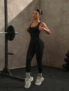 1pc Women's Solid Color Cross-Cut Fitted Jumpsuit Sports - Black - View 4