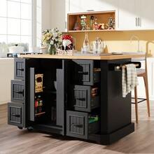 Mobile Kitchen Island, Kitchen Unit, Kitchen Trolley With 2 Doors And 6 Drawers, With Wheels, (120x45(75)X91 Cm), White/Black - Black - View 4
