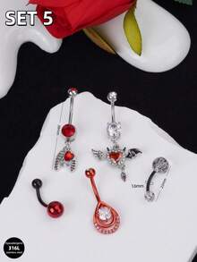 5pcs Gothic Punk Style Steel Navel Rings Set - Bat Cross Snake Cat Heart Dangle Navel Piercing Jewelry, Suitable For Women To Wear Daily, Party, Halloween, Summer Travel, Wedding, Birthday And Other Occasions - Black - View 13