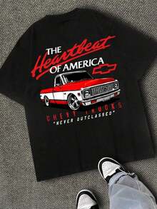 Chevrolet Pickup Truck Graphic Print T-Shirt, Men's Pure Cotton Short-Sleeved Shirt, Casual Crew Neck, Street Style T-Shirt, Summer Clothing, Suitable For Daily Leisure And Outdoor Activities, A Must-Have For Car Enthusiasts. 4NVY - màu đen - Xem 6
