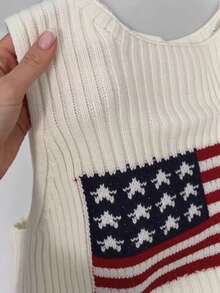Vintage American Flag Pattern Knit Vest For Women, Regular Length, Ribbed Fabric, Casual Summer Wear White - White - View 4