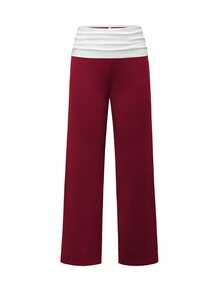 Y2K Style High Waist White Pleated Contrast Panel Straight Leg Pants, Suitable For School, Streetwear, Work, Casual And Home Wear Spring - Burgundy - View 3