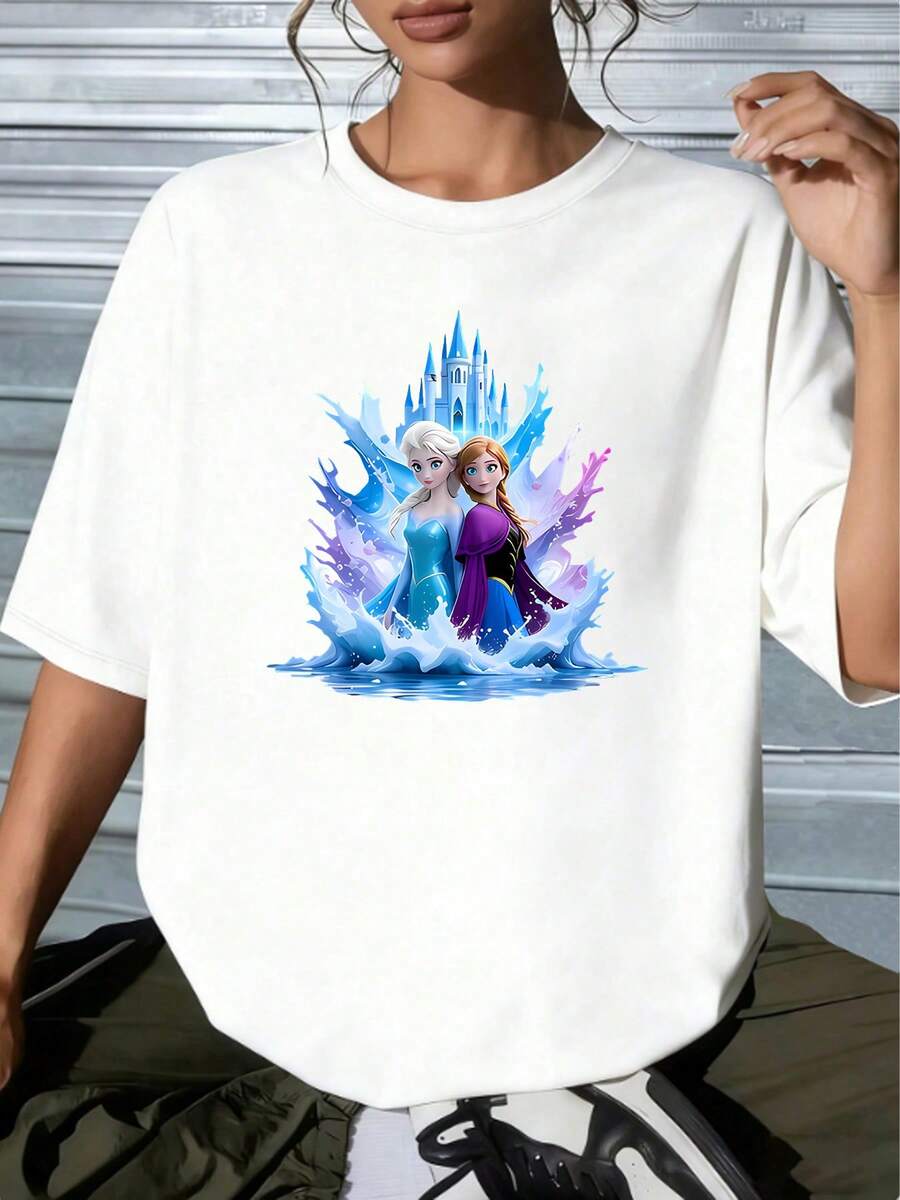 Disney Soft, Comfortable Women's Drop Shoulder Oversized Tee, Cute Frozen Anna Ice Castle Graphic, Feminine Summer Street Fashion, Women's T-ShirtCrafted From Soft, Comfortable, And Durable Pure Cotton Fabric, This Round-Neck T-Shirt Is An Ideal Choice For The Spring And Summer Seasons. Suitable For A Wide Range Of Occasions-Including Daily Wear, Shopping, Parties, Travel, And Social Gatherings-It Also Makes For An Exquisite Gift. - 白色 - 查看 1