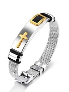 1 chiếc vòng tay hình thánh giá bằng thép không gỉ mạ vàng 18K thời trang, có thể điều chỉnh kích thước, quà tặng cho nam giới. - Bạc - Xem 2