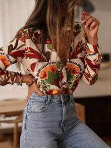 女士优雅通勤印花纽扣衬衫，休闲长袖修身多色女式衬衫，时尚春夏日常休闲装，翻领长袖上衣，度假风上衣 - 彩色 - 查看 3