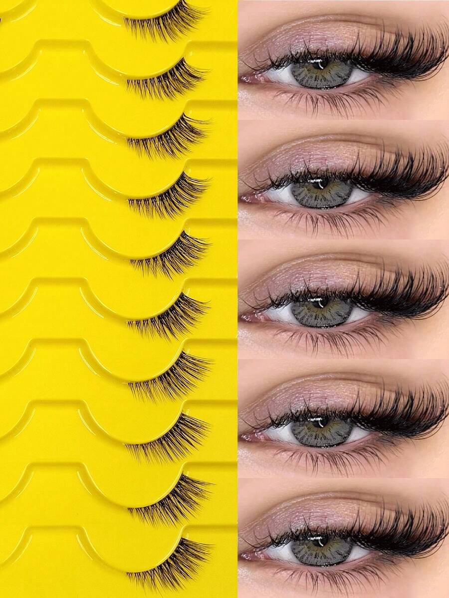 Asiteo 10 Pairs Natural Half-Piece Cat Eye False Eyelashes, Transparent Band With Soft Fluffy Fine Lightweight Faux Mink 3D Lashes, Suitable For Daily Makeup To Extend Lashes, Reusable Natural Look - Black - View 1