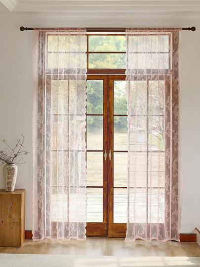 1件纯色涤纶花卉蕾丝薄纱窗帘，半透明薄纱窗帘 - 提供隐私，适用于客厅、卧室、厨房、浴室、家居装饰、户外装饰、房间装饰，轻盈的法式乡村风格纯色花卉蕾丝窗帘，蕾丝边薄纱窗帘，温馨家居薄纱窗帘，100%涤纶半透明窗帘，适用于客厅、卧室和其他窗户