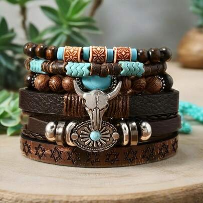 Set Of 6 Brown Classic Bull Head Sunflower Bracelets, Stackable And Adjustable, Suitable For All Genders. Ideal For Parties, Western-Themed Events, Daily Wear, And Music Festivals; A Perfect Gift For Friendship., For Teenager NV3E