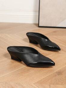 Giày bít mũi nhọn kiểu dáng slip-on, gót chunky, thanh lịch và thoải mái, thích hợp cho công sở hoặc dự tiệc, làm từ da PU. - màu đen - Xem 6