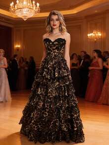 MisShow Women's's Formal Evening Dress With  Leopard Print, Ruffled Trim, And A-Line Dress, Elegant Fitted Gown For Anniversary Galas, New Year's Eve Parties, Wedding Receptions, Holiday Celebrations, And Gala Dinners,Valentine's Day,New Year's Eve Spring Party - 紫紅色 - 查看 2