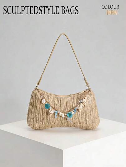 1pc Khaki Straw Woven Bag, Minimalist Style Woven Bag, Fashion Underarm Bag, Decorated With Assorted Ocean Elements Like Seashells, Starfish, Pearls, Suitable For Beach Travel And Vacation