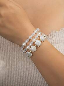 3pcs Pearl & Shell Beaded Layered Bracelet Set, Beach Vacation Style Jewelry Suitable For Summer Beach & Daily Wear - Multicolor - View 3