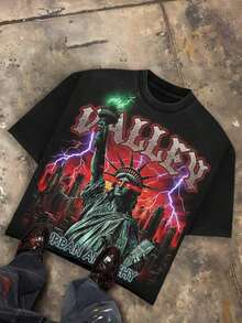 Nuevas  de moda Godspeed The World Is Mine Apocalyptic Liberty Camiseta Gráfica Oversized para Hombre, Manga Corta, 100% Algodón, Corte Holgado, Estilo Urbano Y2K, Casual Vintage, Estética de Ciudad con Ojos Rojos, Holgada, 100% Algodón, Regalo - Negro - Ver 11