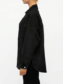 2026 Women Denim Shirts Oversized Long Sleeve Button Down Blouse Distresse Jean Jacket Spring Outfits - Đen đậm - Xem 4