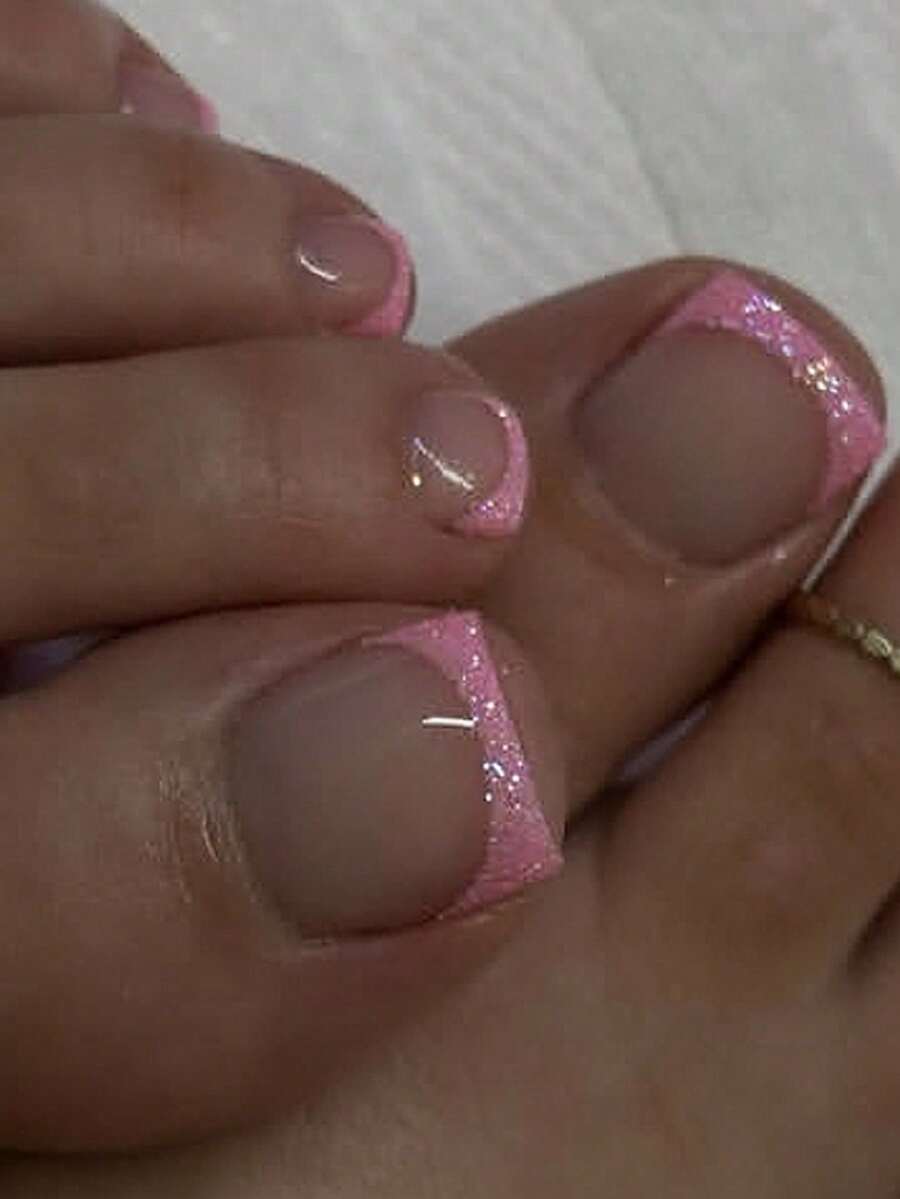24pcs Pink French Fake Nails, Elegant Silver Glitter Toe Nail Stickers, Cute Nail Art Set, Suitable For Daily Use, Summer Beach, Party, Vacation, Spring/Summer Toe Nail Decor