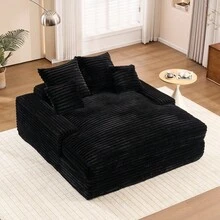 028DR-Sillón chaise longue de gran tamaño, sofá cama tapizado con 4 cojines decorativos y reposabrazos, sillón cama de felpa de tela de pana para sala de estar, apartamento y espacios pequeños, beige - Negro + Pana + Espuma - Ver 13