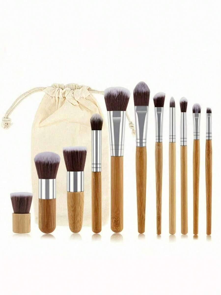 Bộ cọ trang điểm 11 món kèm túi vải lanh, gồm 11 cọ cán tre: cọ nền, cọ phấn phủ, cọ má hồng, cọ tạo khối, cọ tán phấn mắt, cọ môi, cọ mũi. - Bạc - Xem 1