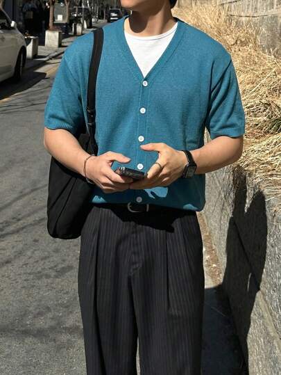 Cardigan bărbătesc, culoare solidă, cu decolteu în V, cu nasturi în față, mânecă scurtă, top casual tricotat, primăvară/vară