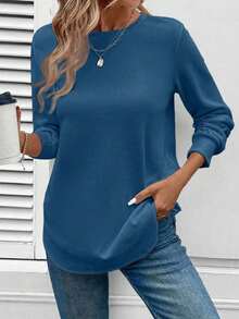 Crew  Blue Neck Waffle Knit Long Sleeve Top For Women, Asymmetrical Hem Casual Comfy Basic Tee, Soft Summer Daily Outfit - 藍色 - 查看 6
