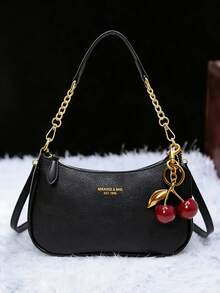 新款时尚经典百搭字母图案装饰纯色防水PU面料单肩包、月牙包、腋下包，适合购物，可斜挎。饰有樱桃吊坠，夏季月牙包，适合海滩度假、返校季，女士钱包。 - 黑色 - 查看 1