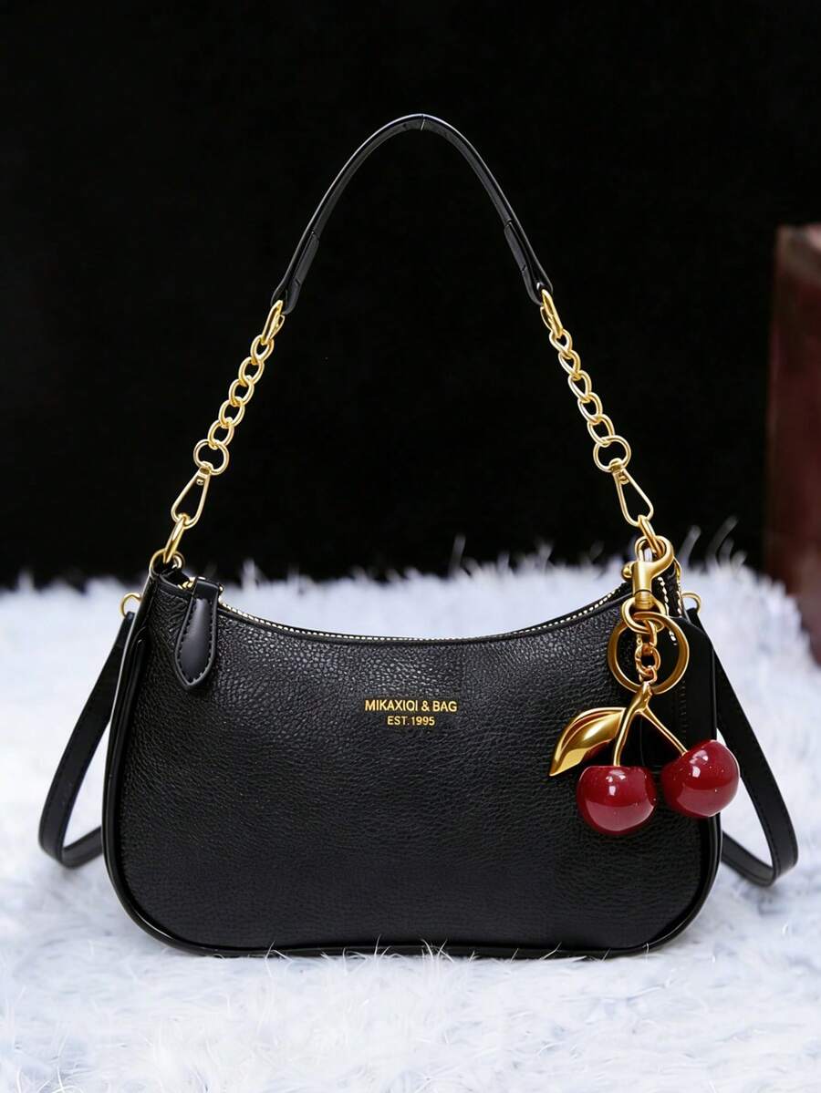 新款时尚经典百搭字母图案装饰纯色防水PU面料单肩包、月牙包、腋下包，适合购物，可斜挎。饰有樱桃吊坠，夏季月牙包，适合海滩度假、返校季，女士钱包。 - 黑色 - 查看 1