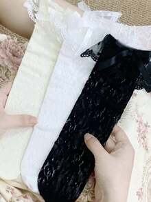 1/3 Pairs Cute Versatile Hollow Floral Lace Ruffle Bow Lolita Socks - Multicolor - View 9