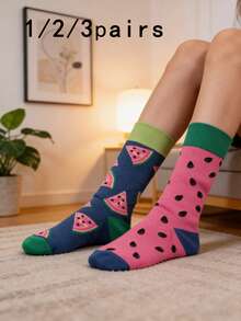 1/2/3 Đôi tất unisex in hình vịt uyên ương và dưa hấu, kiểu dáng Hàn Quốc, dài đến bắp chân, thích hợp mặc hàng ngày. - Nhiều màu - Xem 2