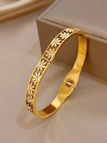 1pc Small Flower Rhinestone Bangle Bracelet For Women Golden Stainless Steel Bangle Bracelet For Party Mother Day Vacation Season Wedding Music Festival Valentine Gifts - Multicolor - View 1
