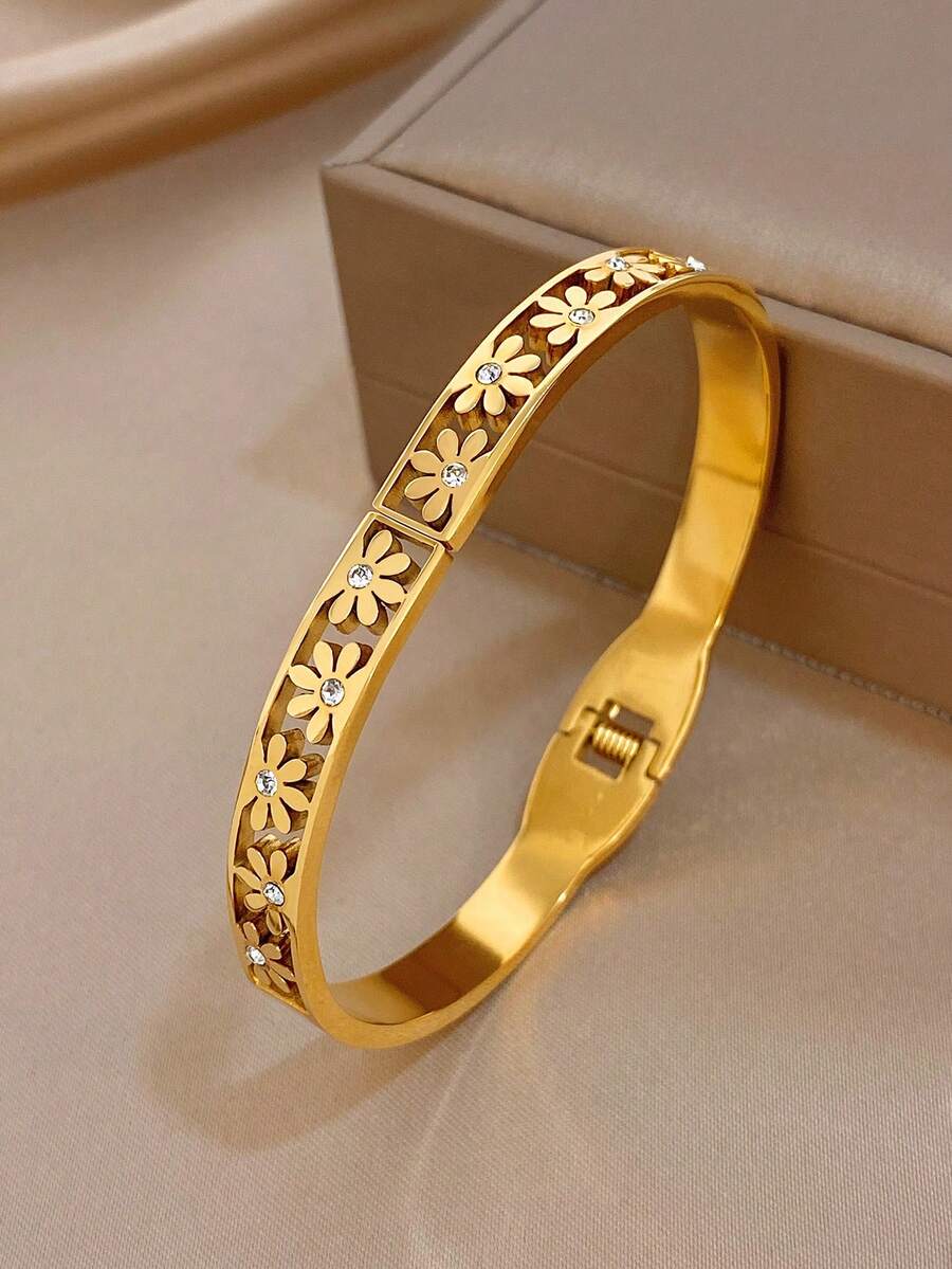 1pc Small Flower Rhinestone Bangle Bracelet For Women Golden Stainless Steel Bangle Bracelet For Party Mother Day Vacation Season Wedding Music Festival Valentine Gifts - Multicolor - View 1