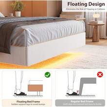 Marco cama plataforma queen flotante con cabecera almacenamiento tapizada luces LED láminas madera color resistente montaje fácil sin ruido moderno no necesita box spring beige - Beige-Tamaño Queen - Ver 5