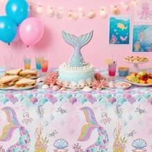 DMermaid Birthday Decorations Tablecloth 3 Pcs Disposable Ocean Theme Glitter Little Mermaid Tail Party Plies Table Cover For Princ Birthday Under The Sea Baby Shower 54in X 108in - Multi Color - 查看 6
