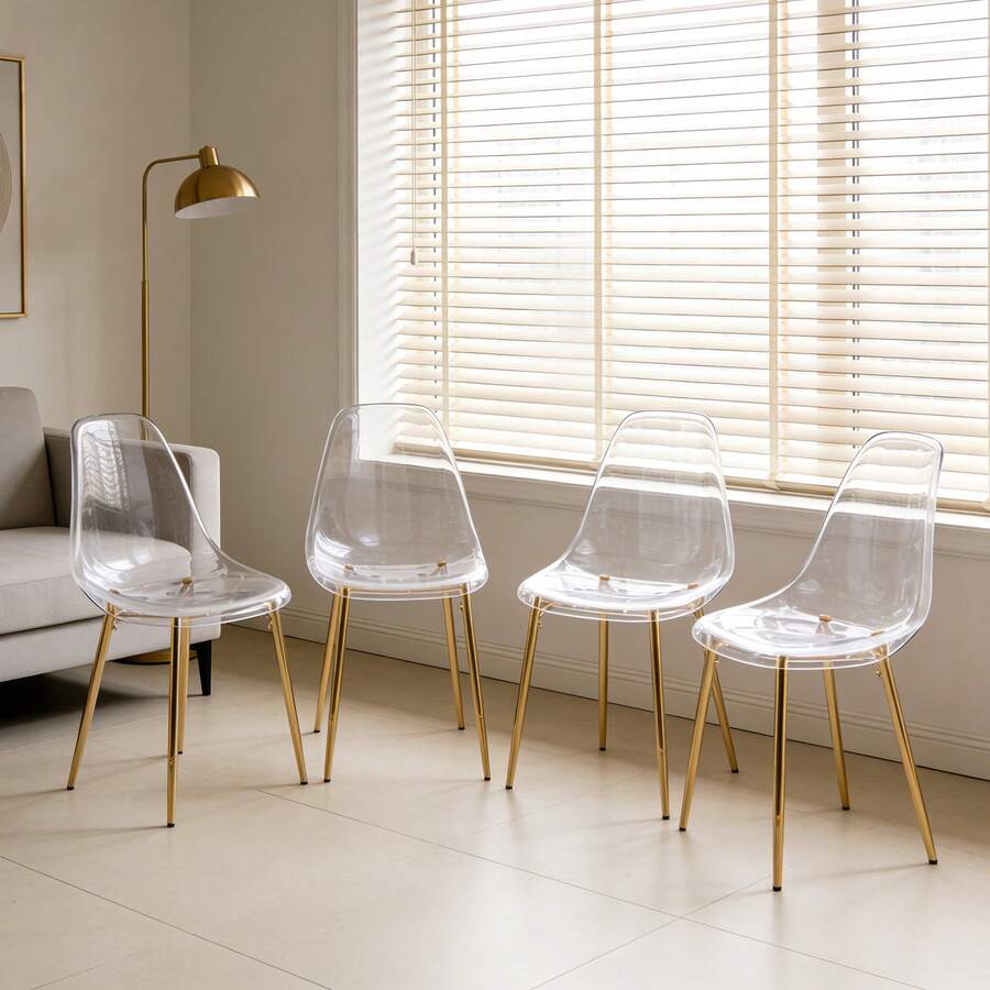 Transparent PET Acrylic Spoon Chairs (Glamorous Gold Legs) - Set Of 4, Modern And Chic Dining Chairs - Gold +4 - View 1