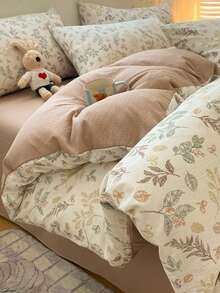 Bộ 4 món ga trải giường in họa tiết lá cây lấy cảm hứng từ thiên nhiên, chất liệu sợi mềm mại và thoải mái, hai lớp vải gạc (1 ga trải giường + 1 ga phủ + 2 vỏ gối, không kèm ruột chăn, họa tiết vỏ gối được cắt ngẫu nhiên) - Màu cà phê - Xem 11