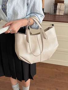 Women's Solid Color High-Quality Leather Large Capacity Handbag, Shoulder Bag, Tote Bag For Daily Use - Beige - View 10