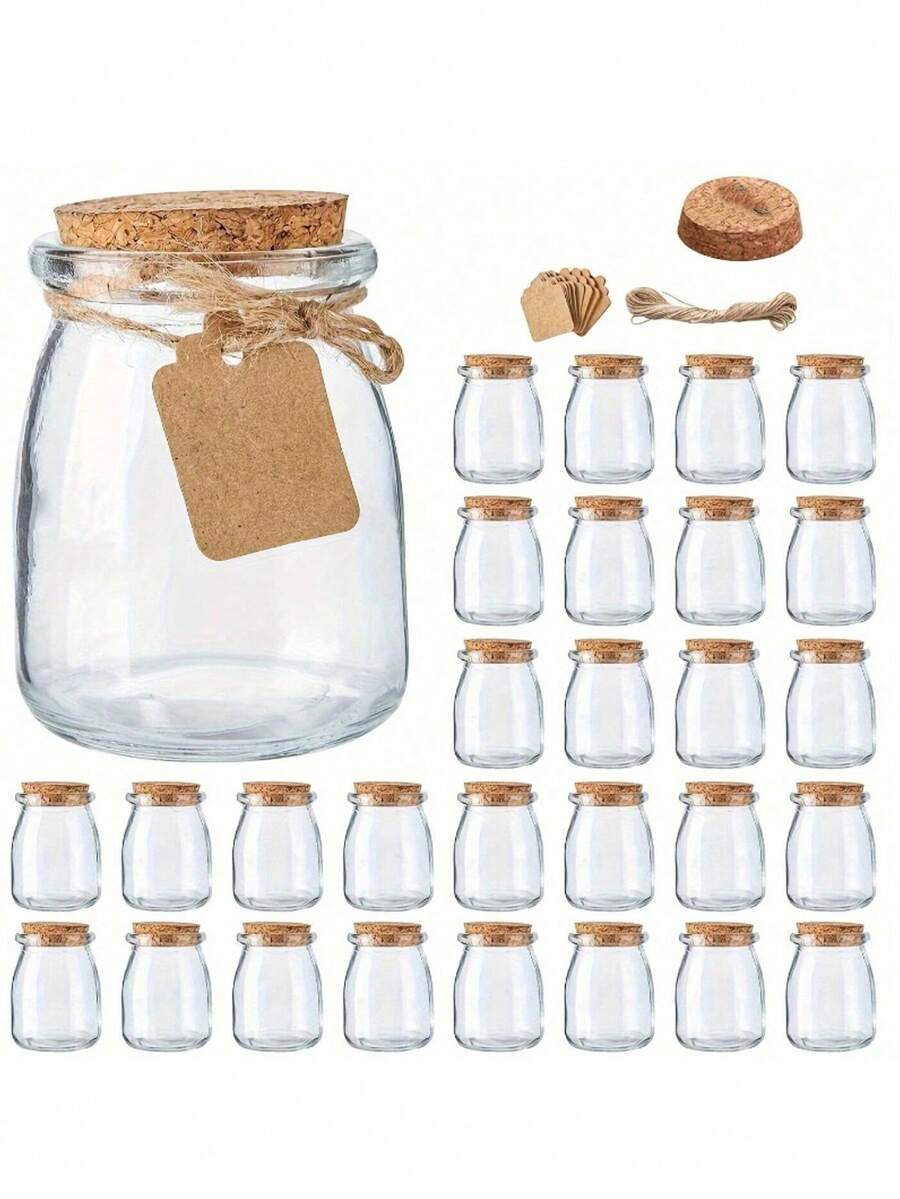 一套1/5/10/20个玻璃罐，迷你酸奶罐，100毫升带软木塞盖的糖果罐，带盖布丁罐，梅森罐婚礼回礼，带标签和绳子的蜂蜜罐